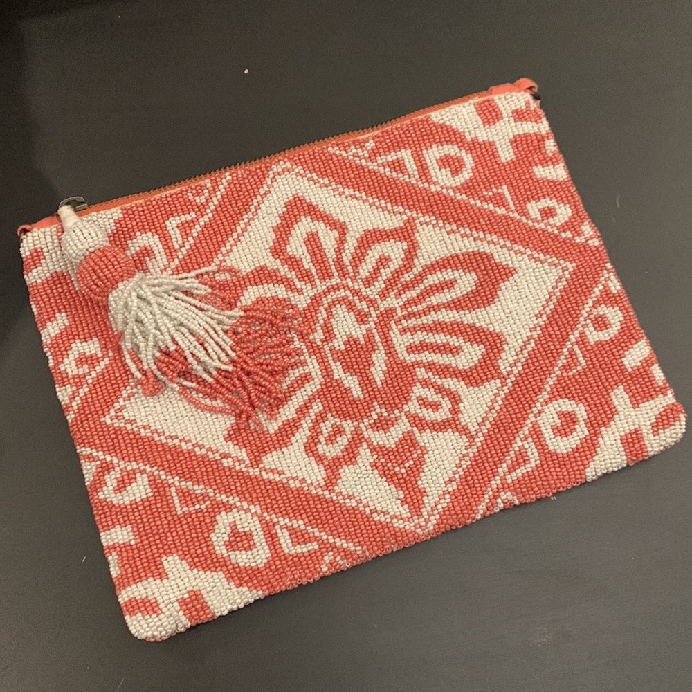 Anthropologie orange/white beaded clutch with beaded tassel
